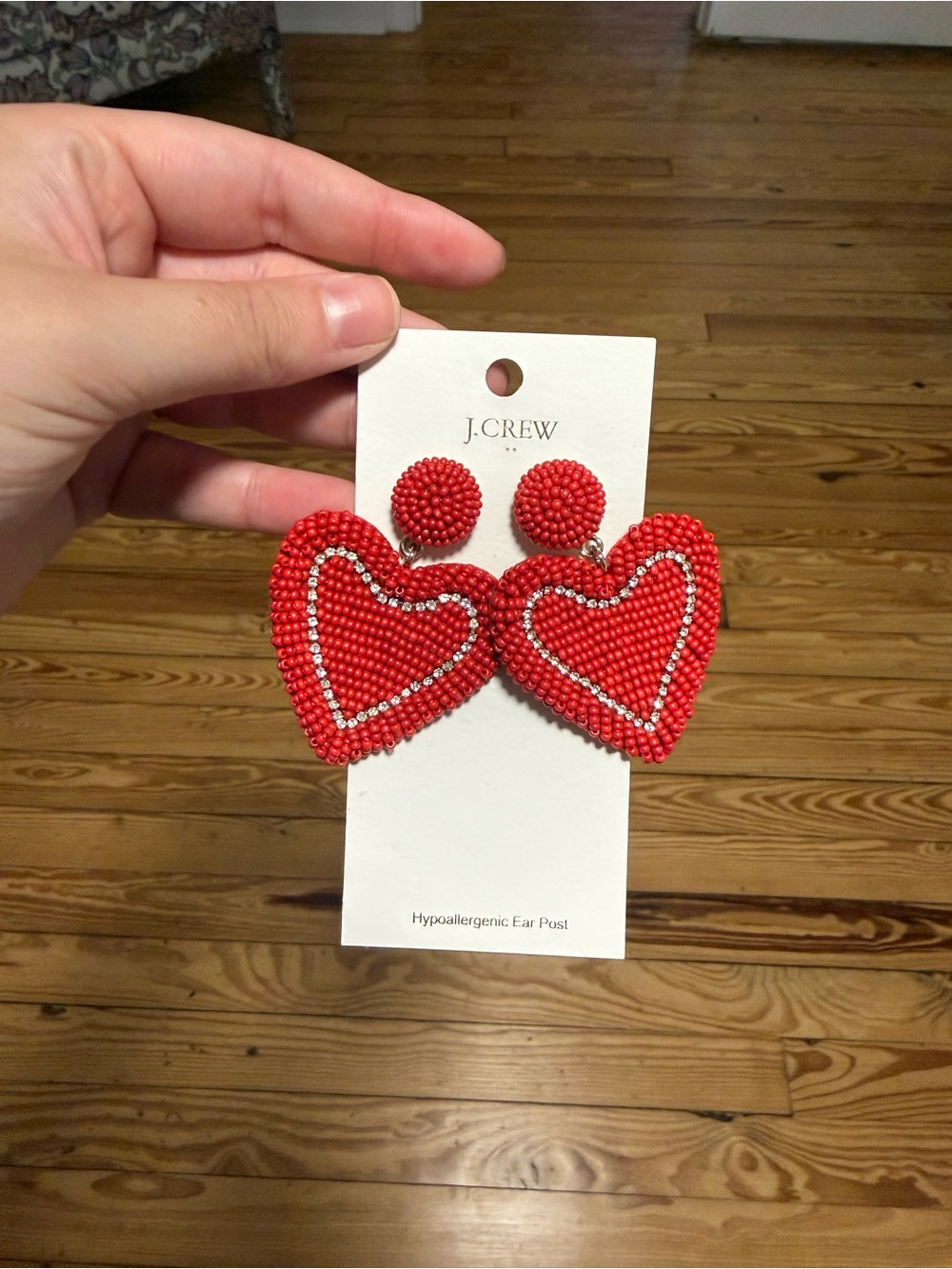 J. Crew Red Beaded Heart Drop Earrings with Silver Accent